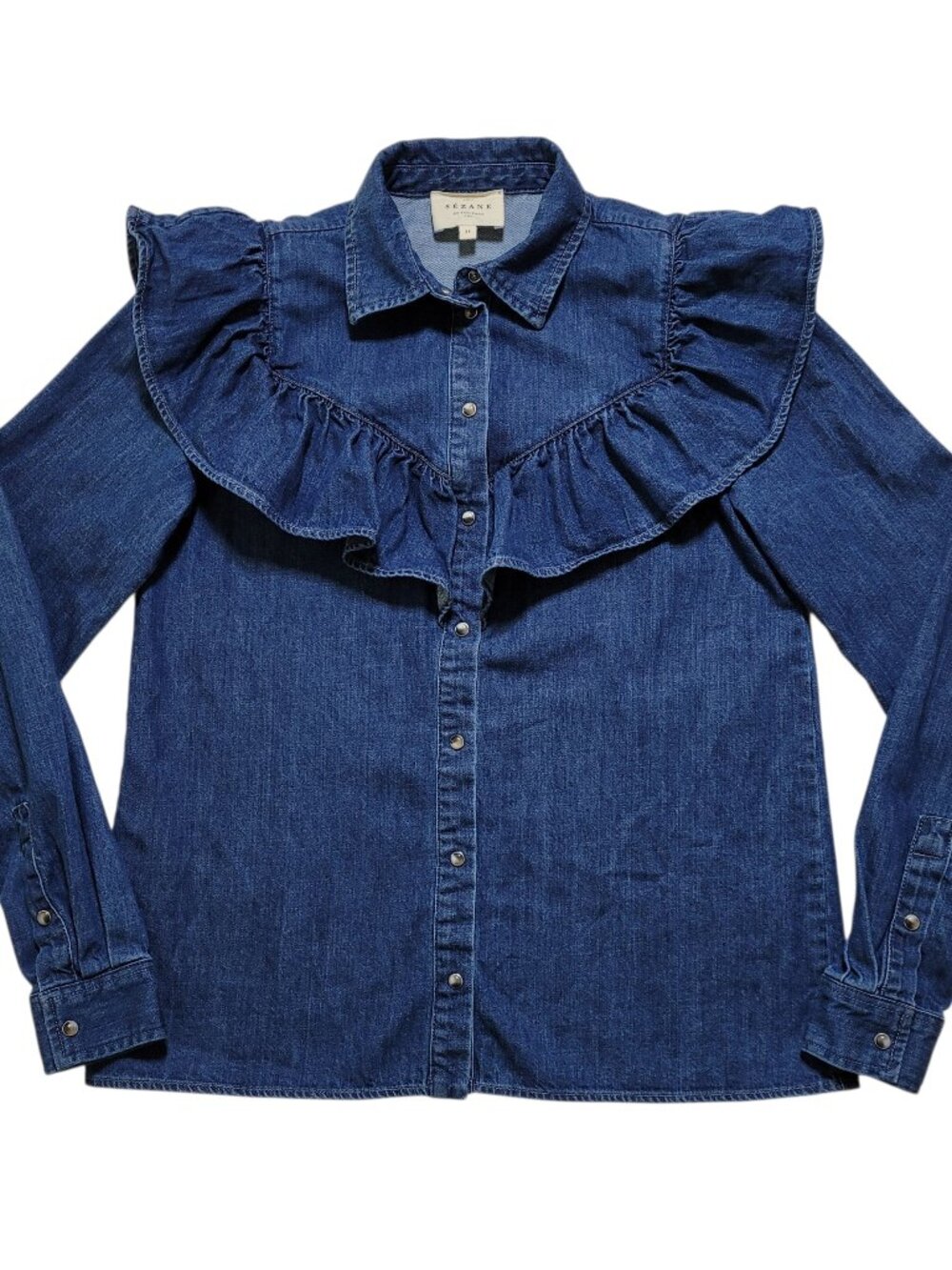 Sezane Denim Ruffle Blouse Top Long Sleeve Blue Romantic French Size 34 Western - Picture 3 of 10